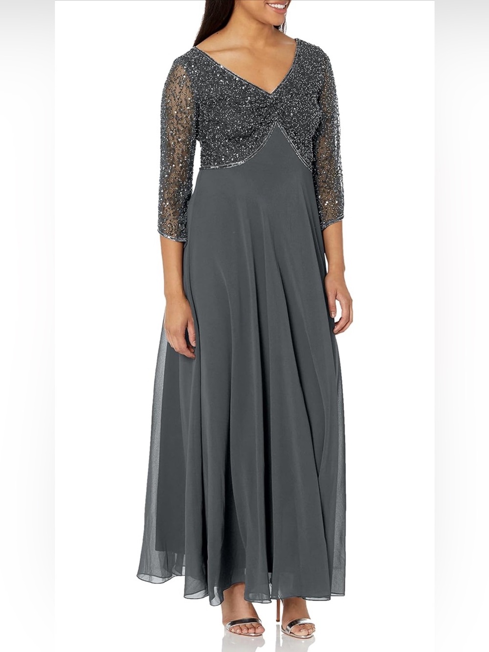 NWT J Kara Charcoal Grey Beaded 3/4 Sleeve Evening Formal Dress, 12P